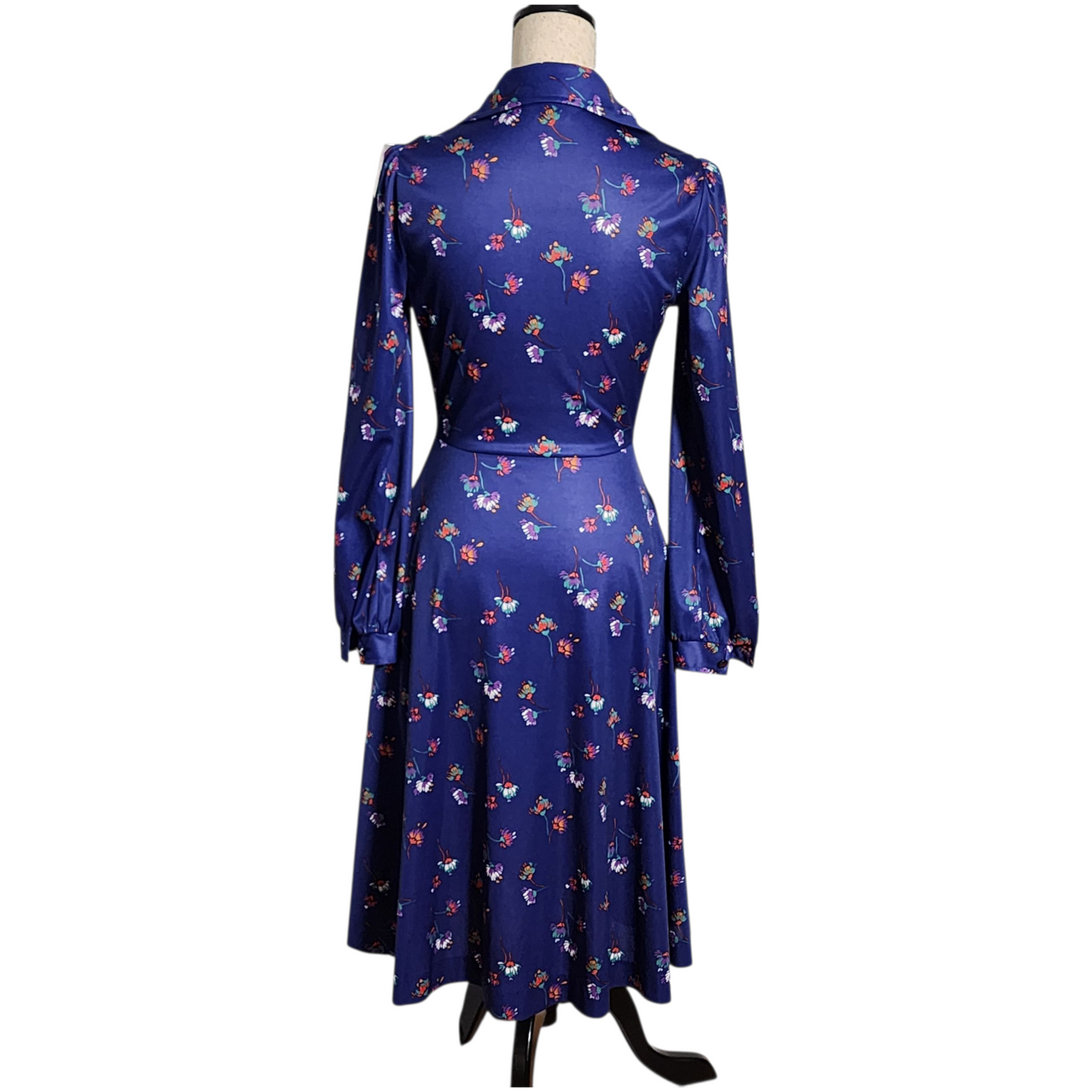 Vintage 1970s Montgomery Ward Navy Blue Floral Shirtwaist Dress  Long Sleeve Midi Button Front