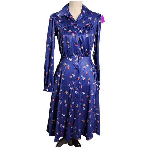 Vintage 1970s Montgomery Ward Navy Blue Floral Shirtwaist Dress  Long Sleeve Midi Button Front
