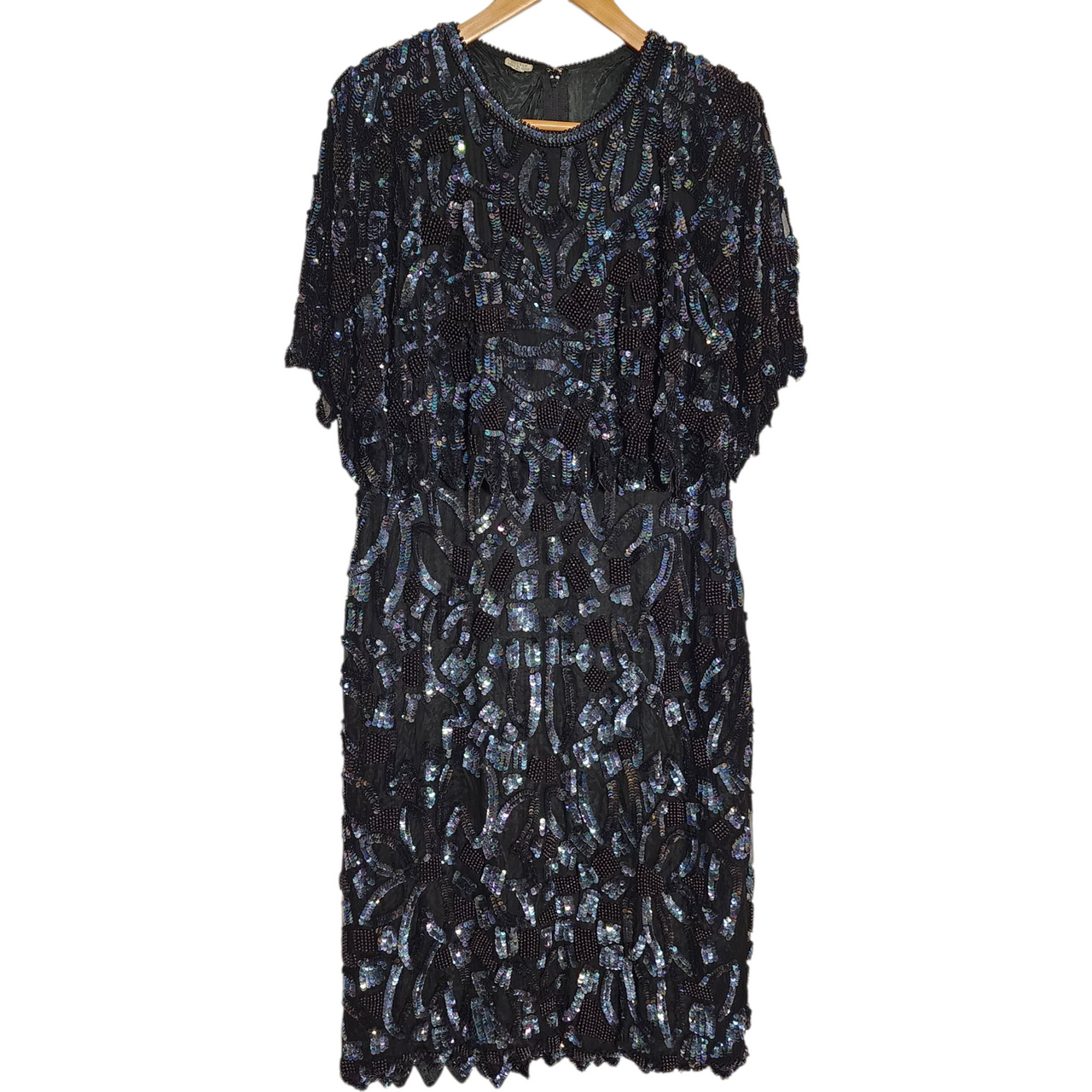 Vintage 1980s Black Silk Beaded Sequin Cocktail Dress  Hand Embellished Party Dress  Made in India  Size L