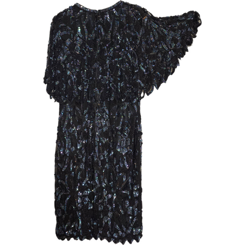 Vintage 1980s Black Silk Beaded Sequin Cocktail Dress  Hand Embellished Party Dress  Made in India  Size L