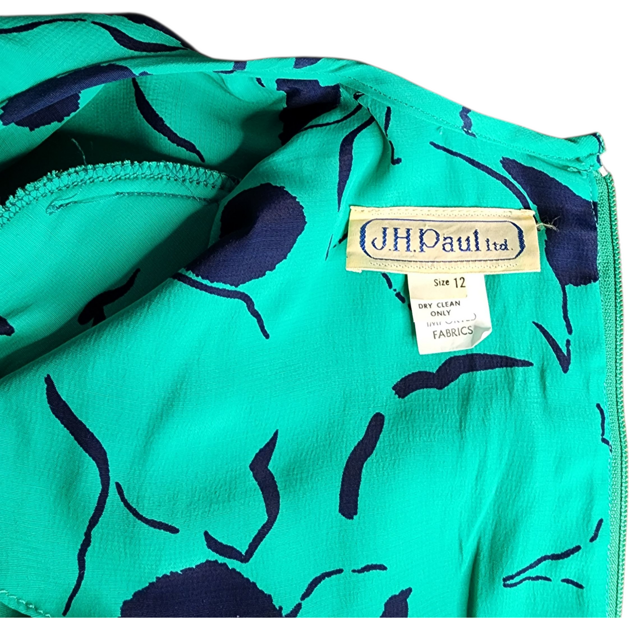 Vintage 1980s J.H. Paul Ltd Green Abstract Floral Midi Dress  Size 12  Long Sleeve Keyhole Front