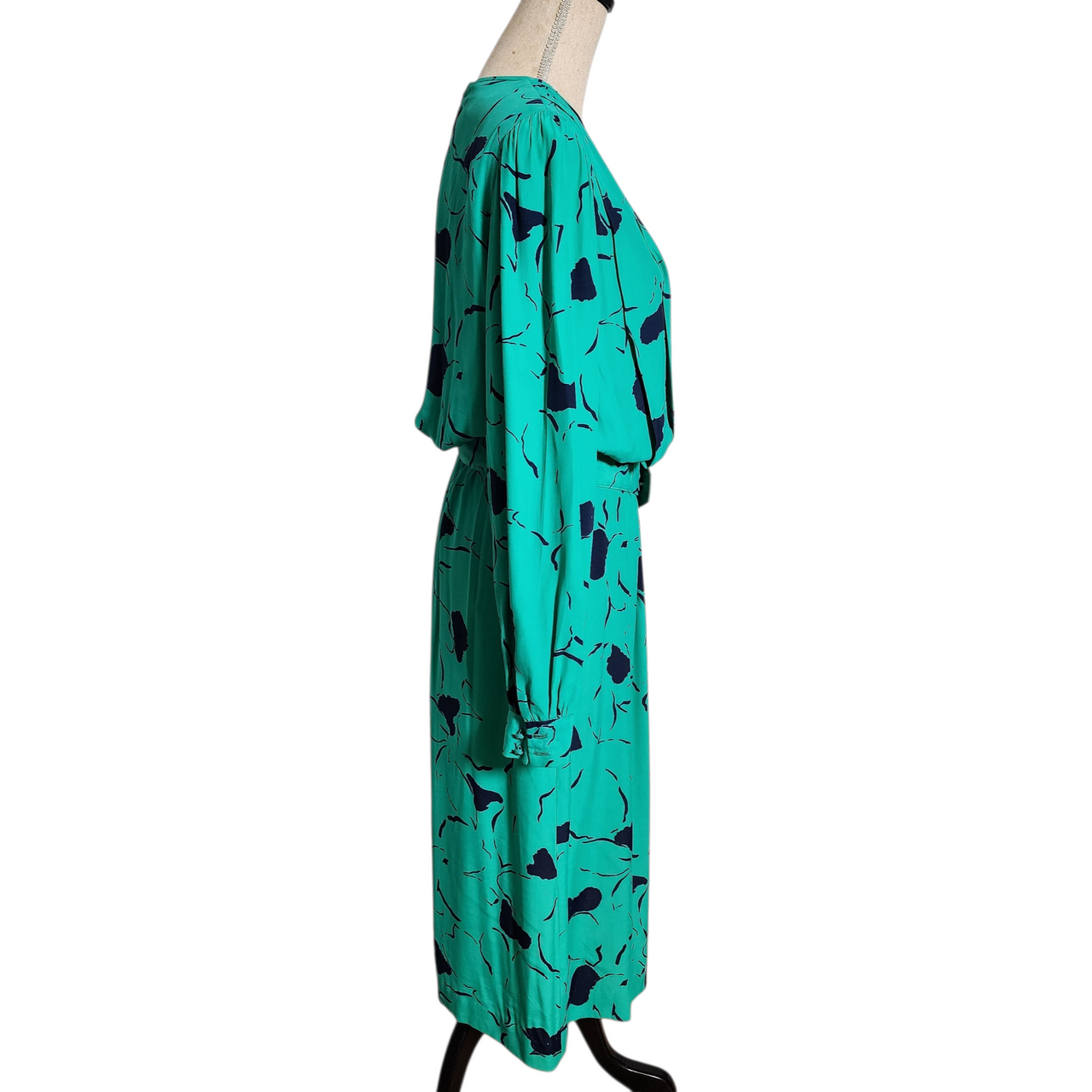 Vintage 1980s J.H. Paul Ltd Green Abstract Floral Midi Dress  Size 12  Long Sleeve Keyhole Front