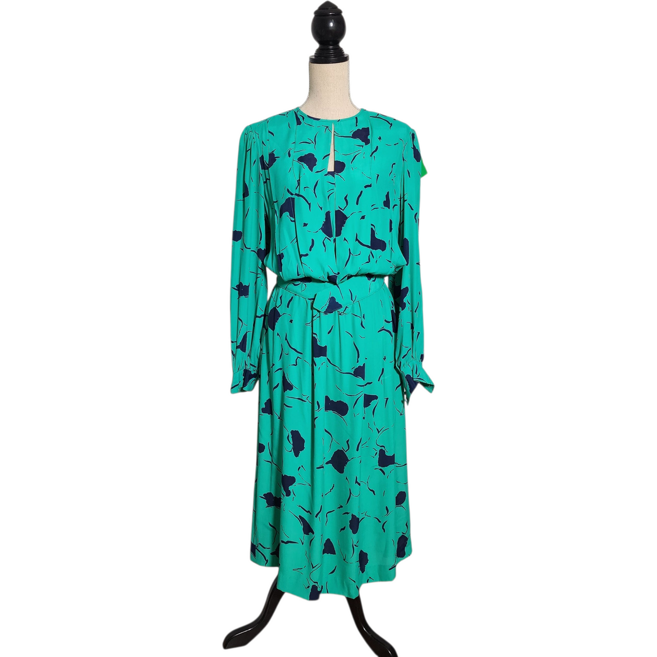 Vintage 1980s J.H. Paul Ltd Green Abstract Floral Midi Dress  Size 12  Long Sleeve Keyhole Front