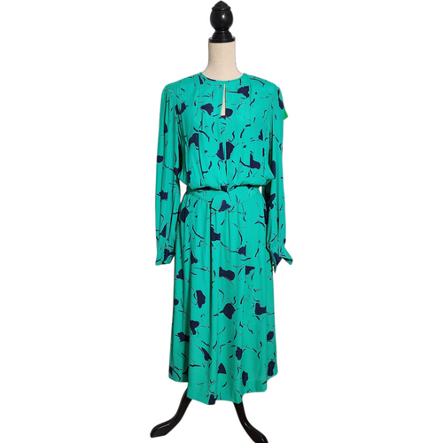 Vintage 1980s J.H. Paul Ltd Green Abstract Floral Midi Dress  Size 12  Long Sleeve Keyhole Front