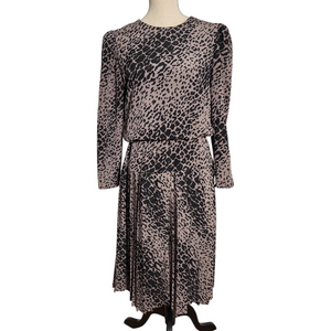 Vintage 1980s John Roberts Animal Print Dress – Long Sleeve Pleated Midi, Drop Waist, Mauve & Black