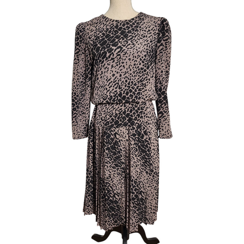 Vintage 1980s John Roberts Animal Print Dress – Long Sleeve Pleated Midi, Drop Waist, Mauve & Black