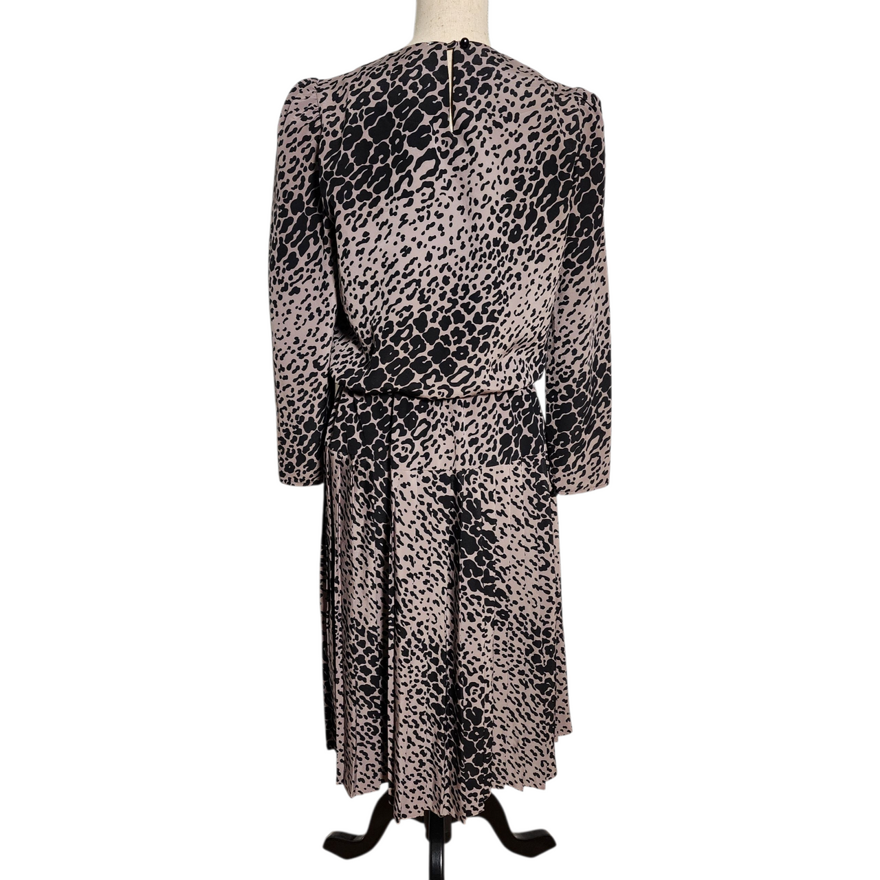 Vintage 1980s John Roberts Animal Print Dress – Long Sleeve Pleated Midi, Drop Waist, Mauve & Black
