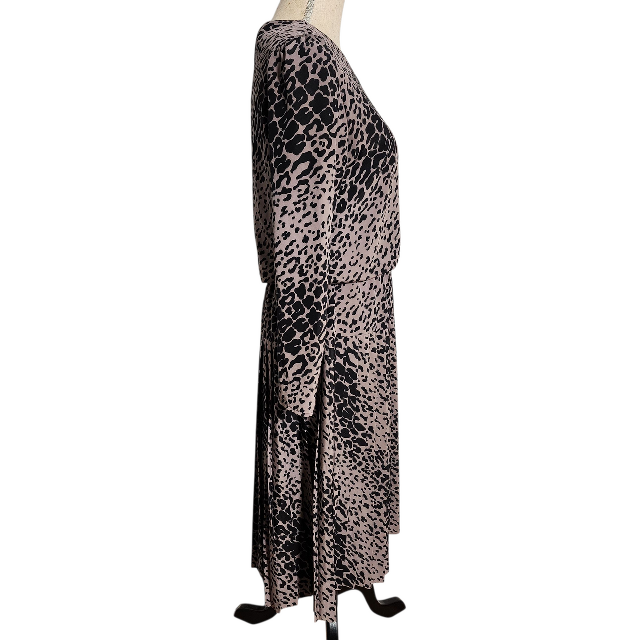 Vintage 1980s John Roberts Animal Print Dress – Long Sleeve Pleated Midi, Drop Waist, Mauve & Black