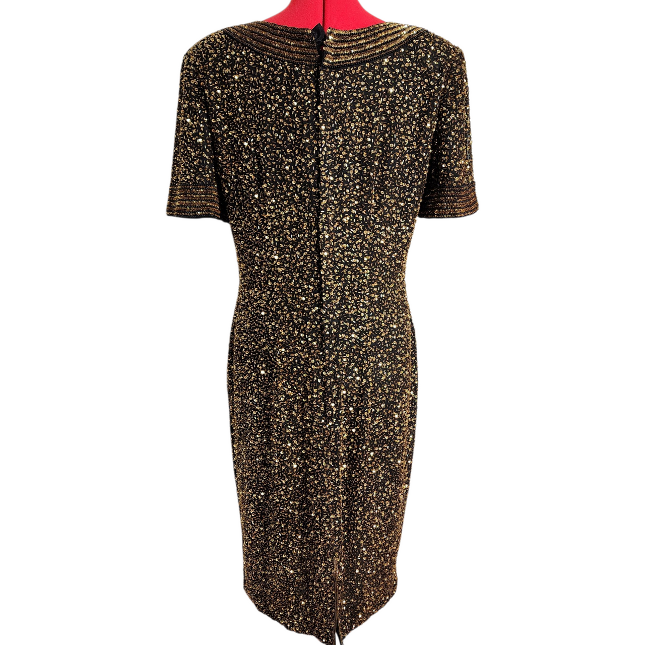 Vintage 1980s NiteLine by Della Roufogali Black Silk Beaded Cocktail Dress  Gold Sequin Party Dress  Size 12