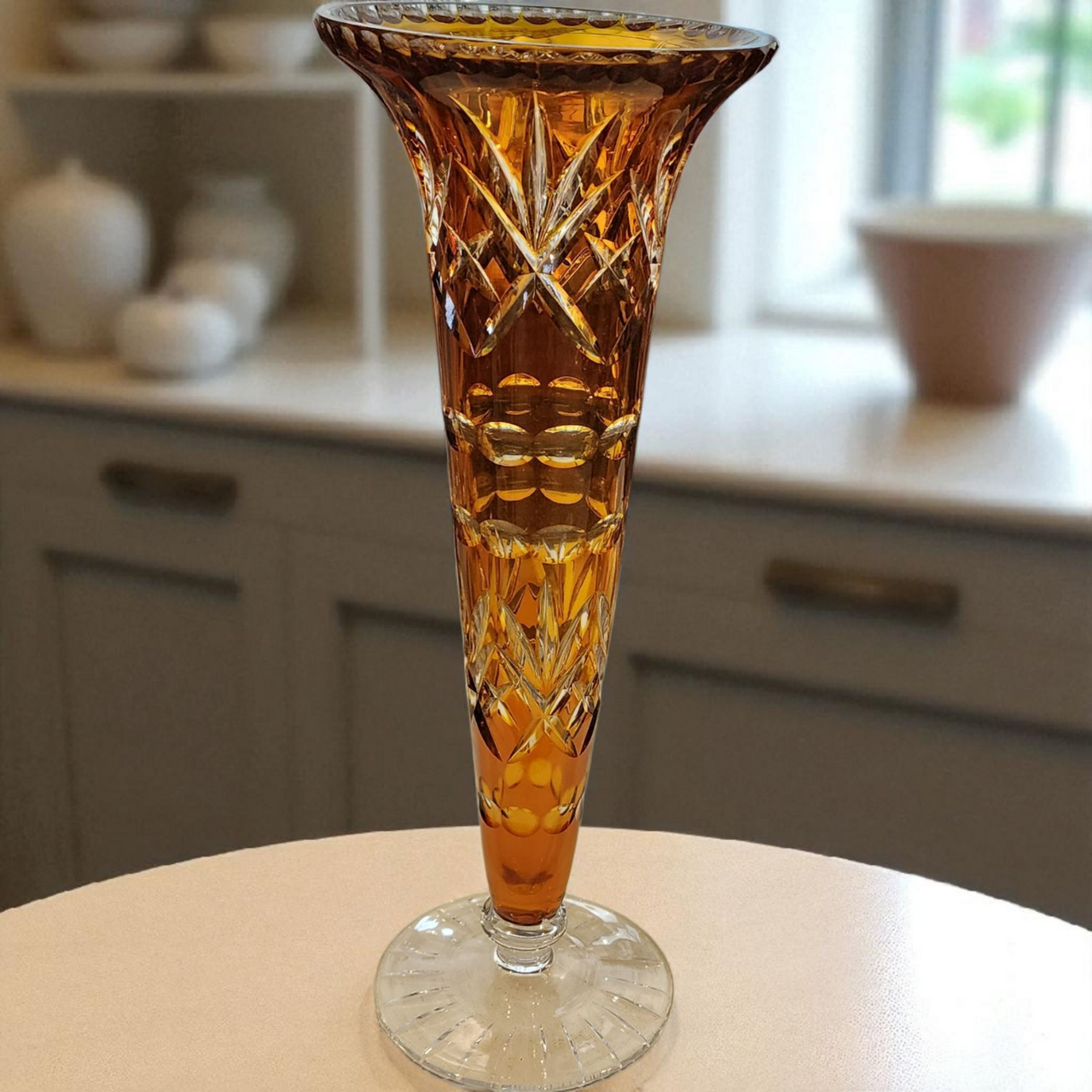 Vintage Amber Cut-to-Clear Crystal Trumpet Vase Hand Cut Bohemian Crystal