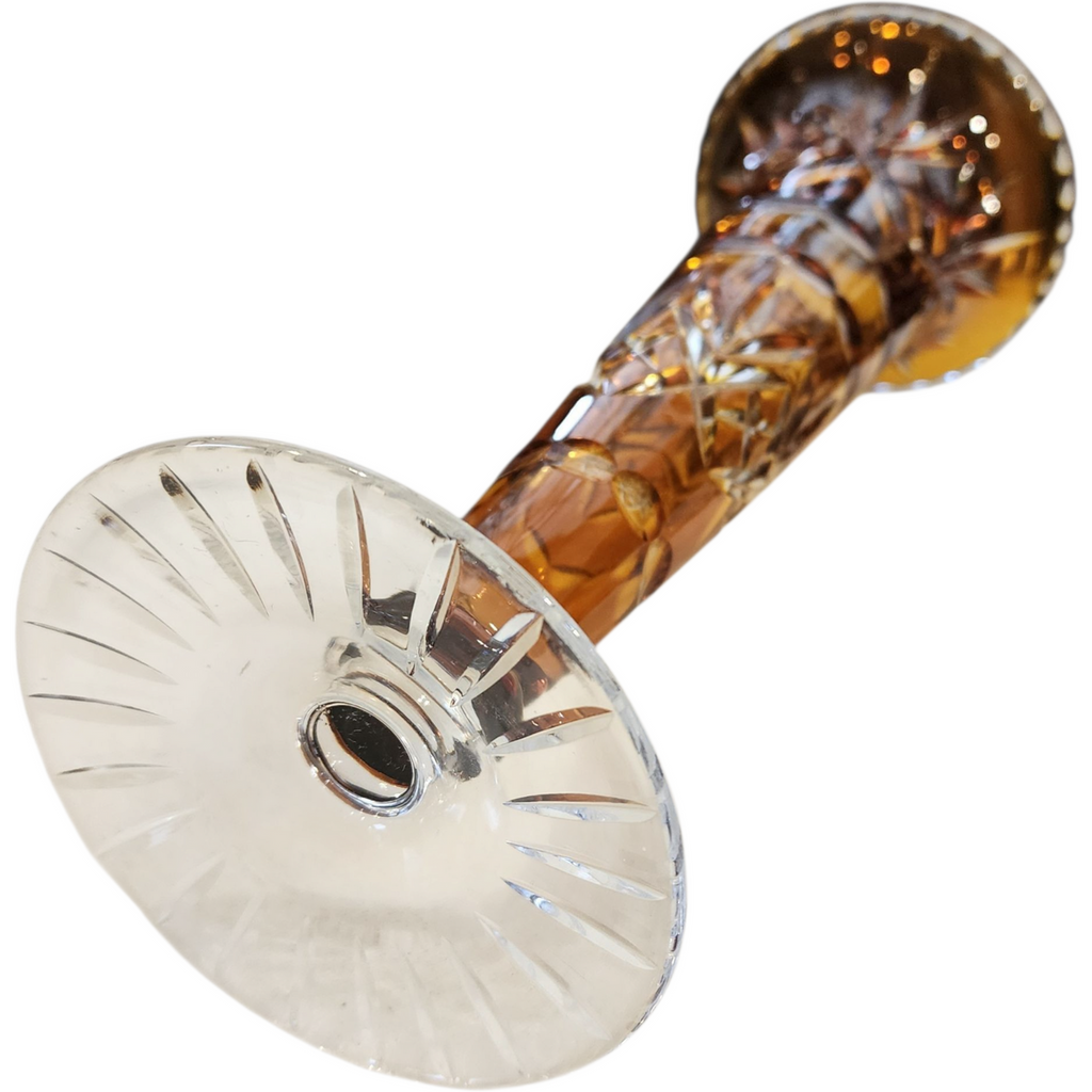 Vintage Amber Cut-to-Clear Crystal Trumpet Vase Hand Cut Bohemian Crystal