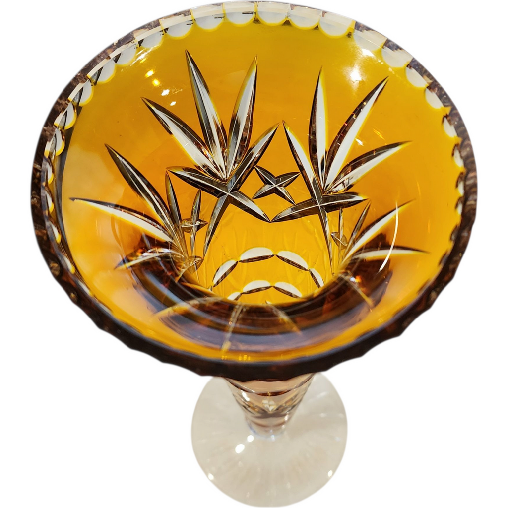 Vintage Amber Cut-to-Clear Crystal Trumpet Vase Hand Cut Bohemian Crystal