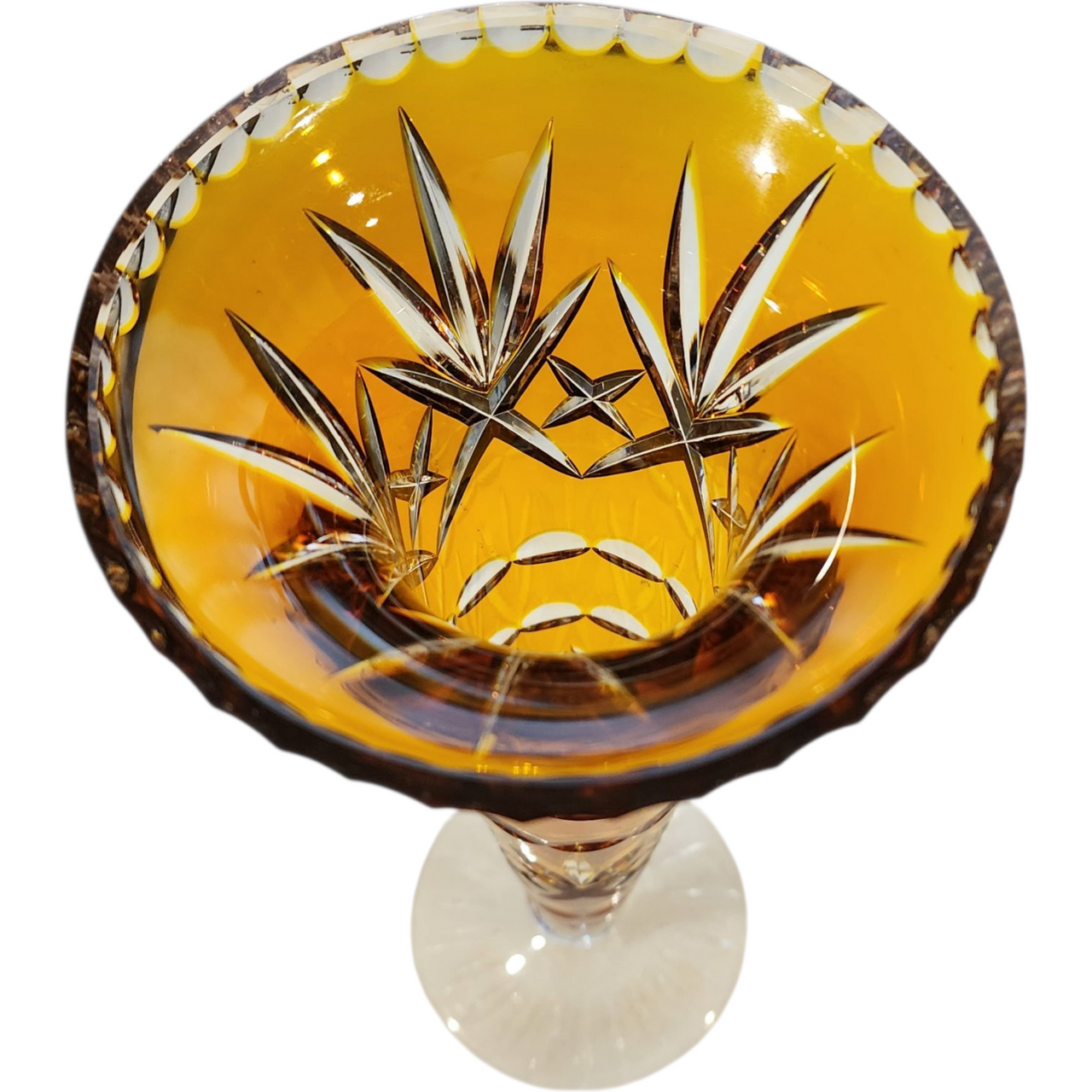 Vintage Amber Cut-to-Clear Crystal Trumpet Vase Hand Cut Bohemian Crystal