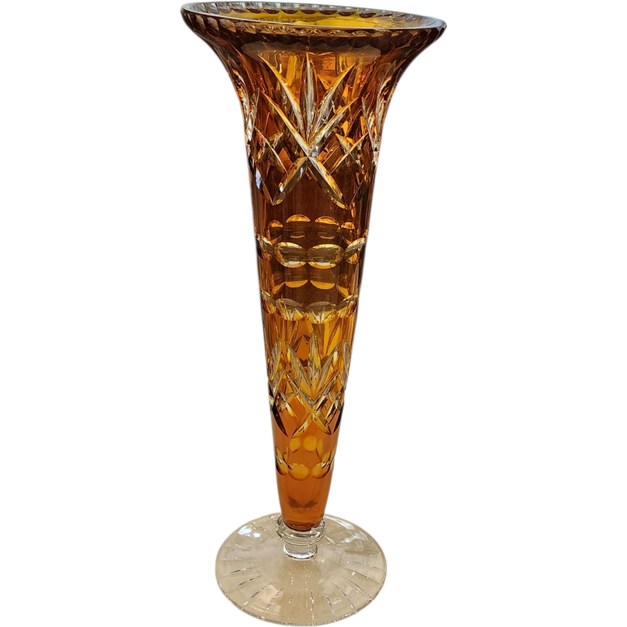 Vintage Amber Cut-to-Clear Crystal Trumpet Vase Hand Cut Bohemian Crystal