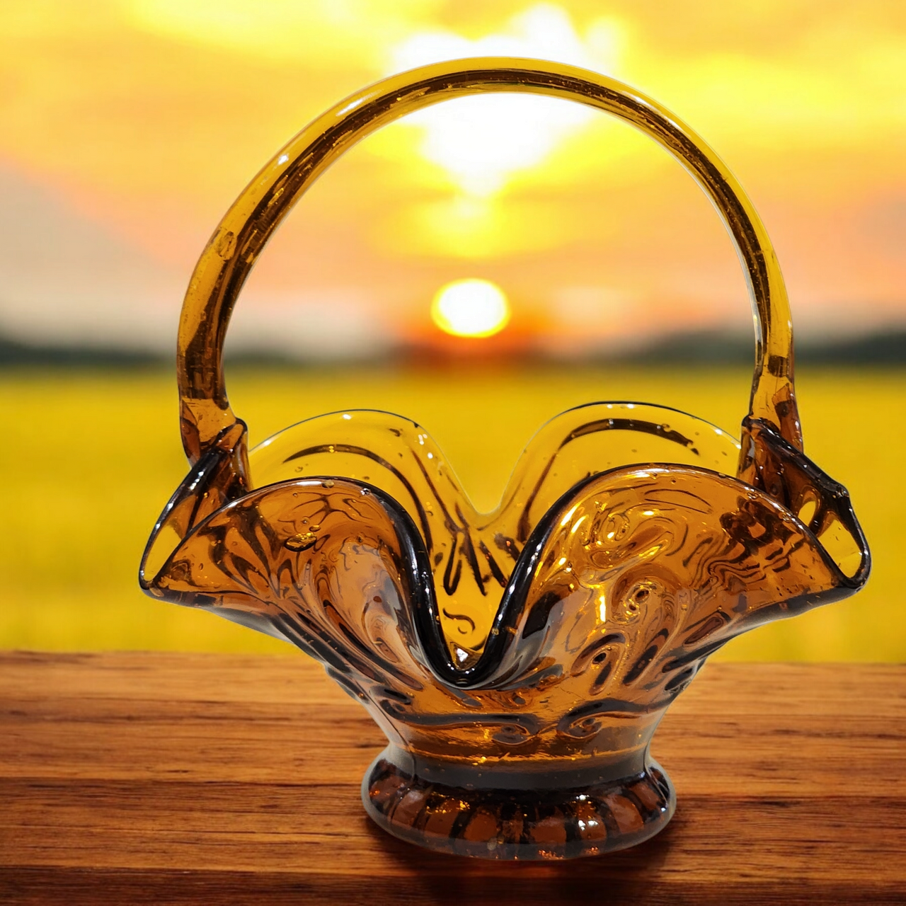 Vintage Amber Pressed Glass Basket Swirled Ruffled Edge with Handle Mid-Century Decorative Glass