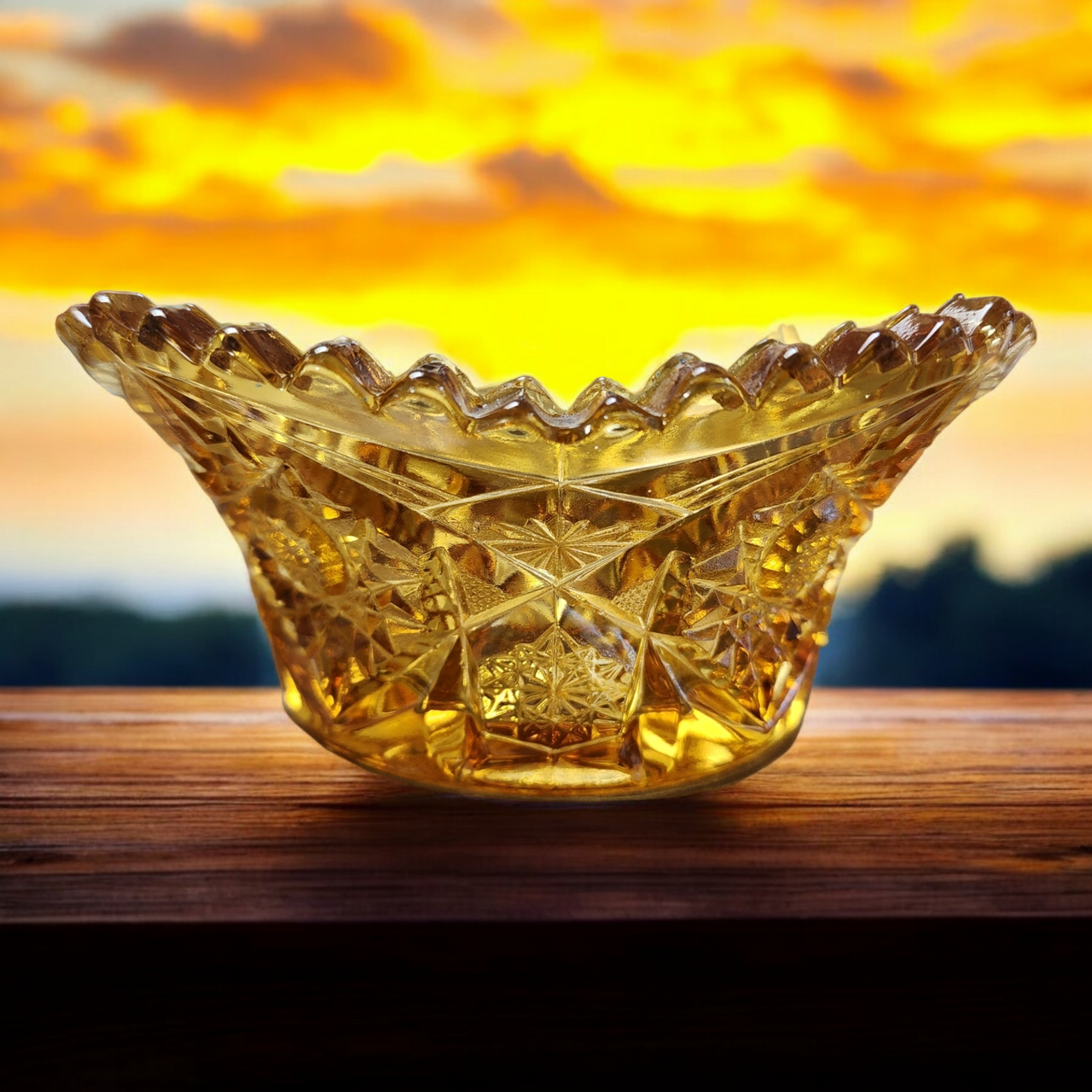 Vintage Amber Pressed Glass Bowl Starburst Diamond Pattern Ruffled Rim Candy Dish Mid-Century EAPG Style Decorative Glassware