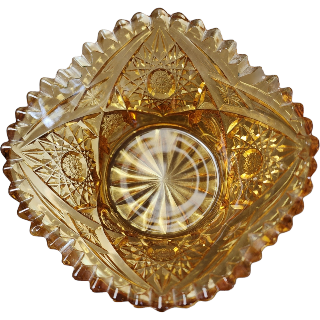 Vintage Amber Pressed Glass Bowl Starburst Diamond Pattern Ruffled Rim Candy Dish Mid-Century EAPG Style Decorative Glassware