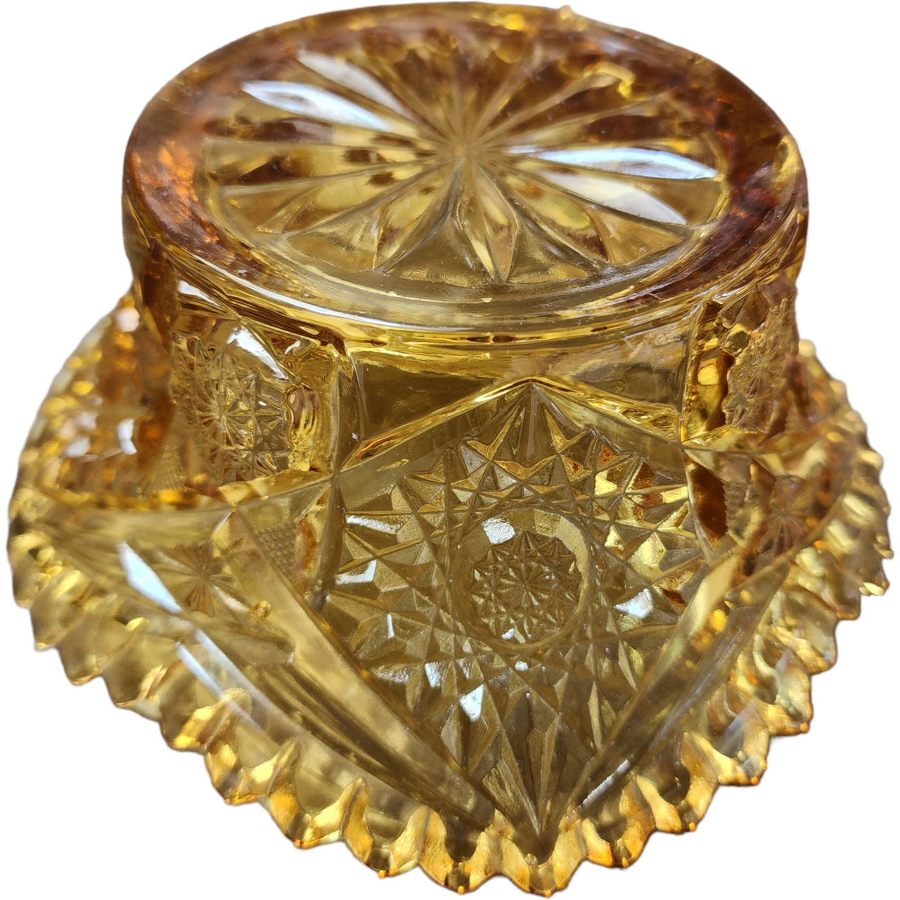 Vintage Amber Pressed Glass Bowl Starburst Diamond Pattern Ruffled Rim Candy Dish Mid-Century EAPG Style Decorative Glassware