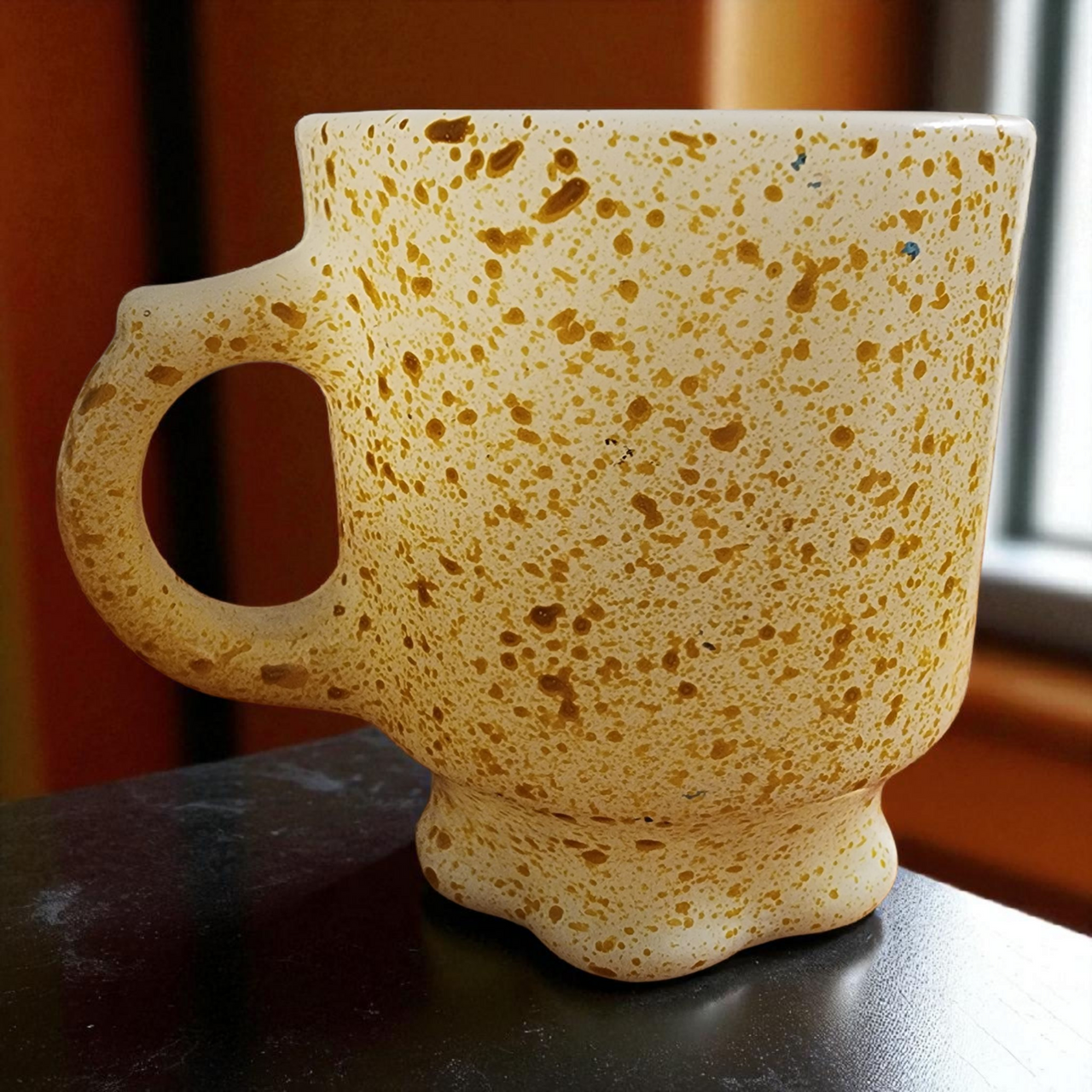 Vintage Anchor Hocking Fire-King Yellow Speckled Fleck Milk Glass Coffee Mug Retro 1960s-70s Oven Proof USA