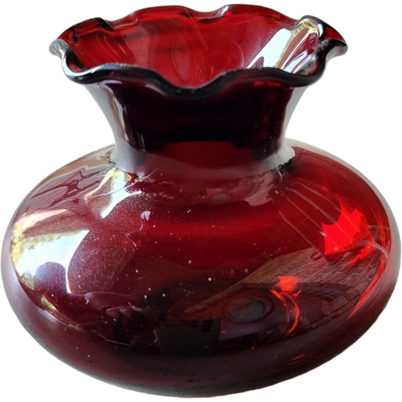 Vintage Anchor Hocking Royal Ruby Red Glass Bud Vase Crimped Rim Flower Vase Mid Century Modern Decor