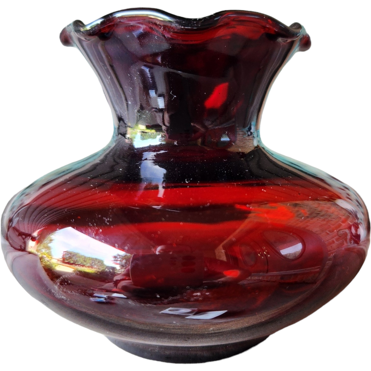 Vintage Anchor Hocking Royal Ruby Red Glass Bud Vase Crimped Rim Flower Vase Mid Century Modern Decor