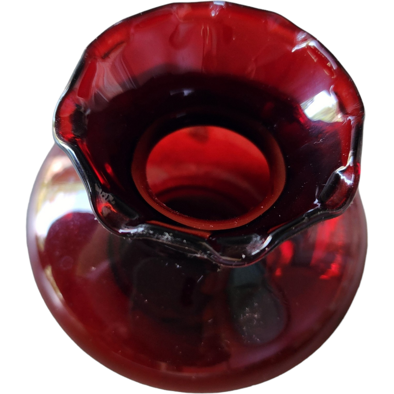 Vintage Anchor Hocking Royal Ruby Red Glass Bud Vase Crimped Rim Flower Vase Mid Century Modern Decor