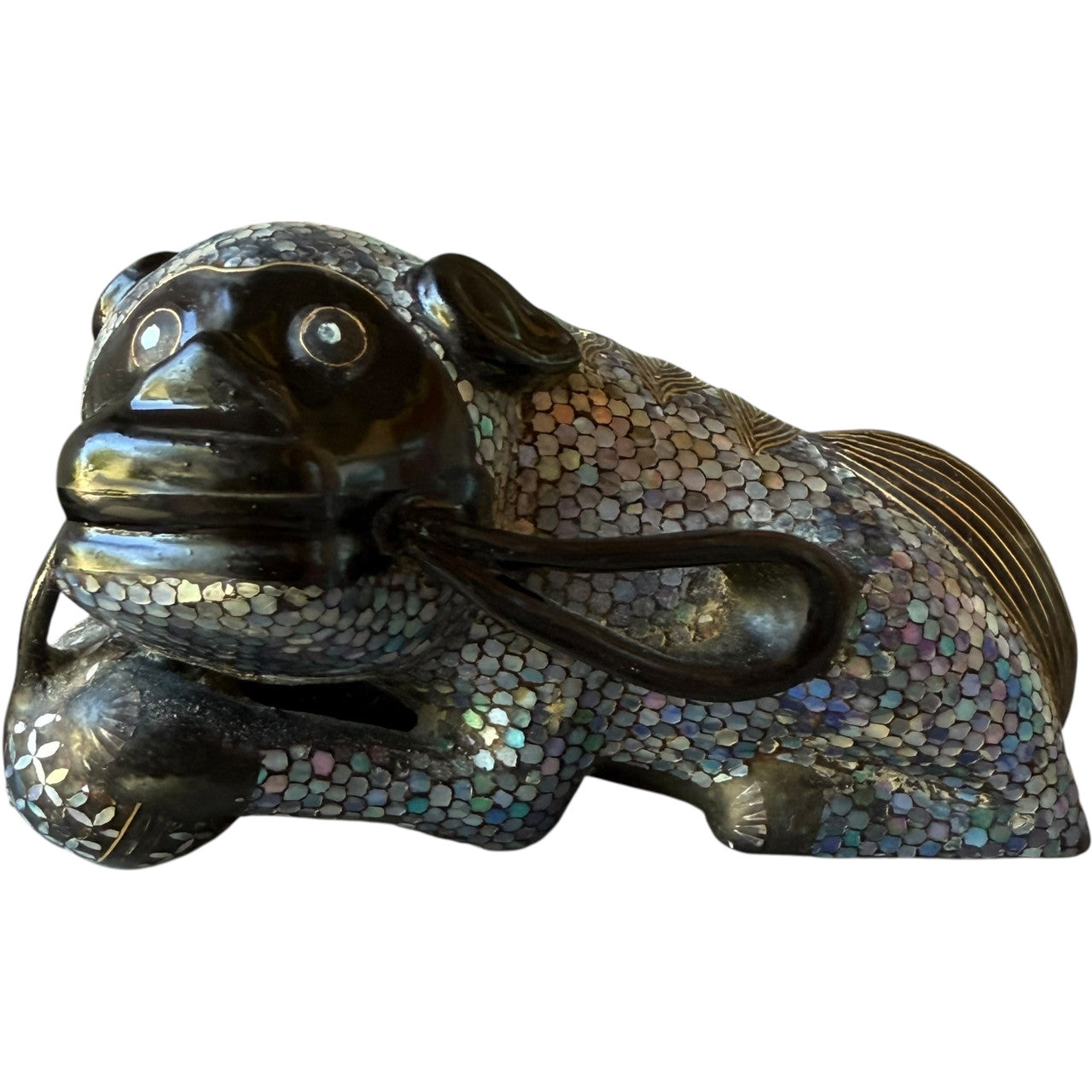 Vintage Figurine Mother of Pearl Abalone Inlay Black Lacquer Shi Lion  Mid Century Decorative Art