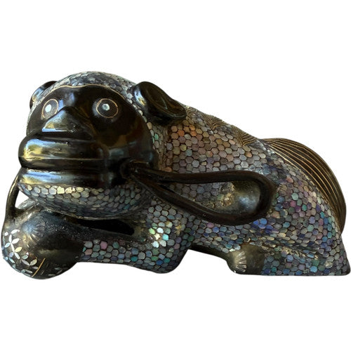 Vintage Figurine Mother of Pearl Abalone Inlay Black Lacquer Shi Lion  Mid Century Decorative Art