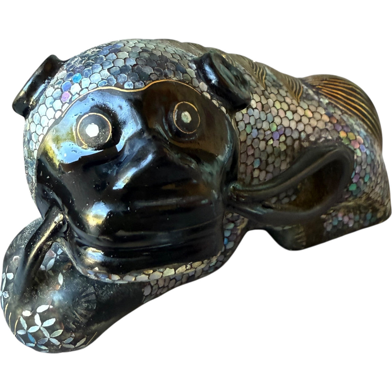 Vintage Figurine Mother of Pearl Abalone Inlay Black Lacquer Shi Lion  Mid Century Decorative Art