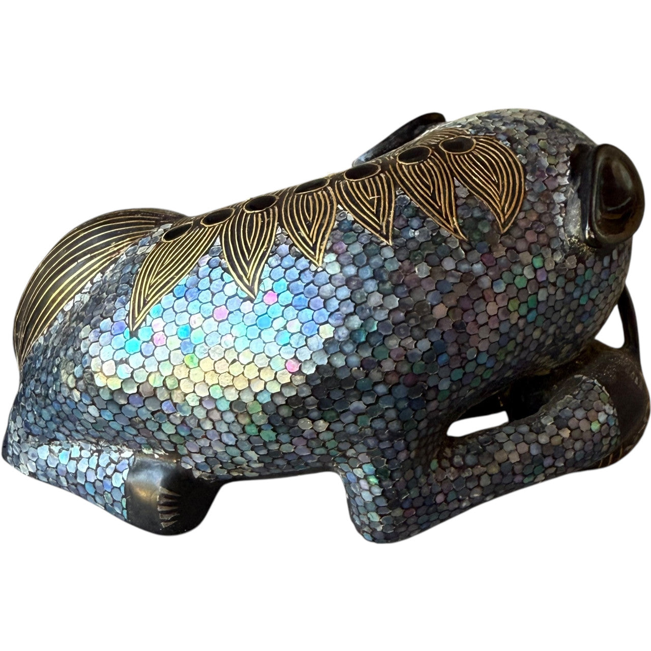 Vintage Figurine Mother of Pearl Abalone Inlay Black Lacquer Shi Lion  Mid Century Decorative Art
