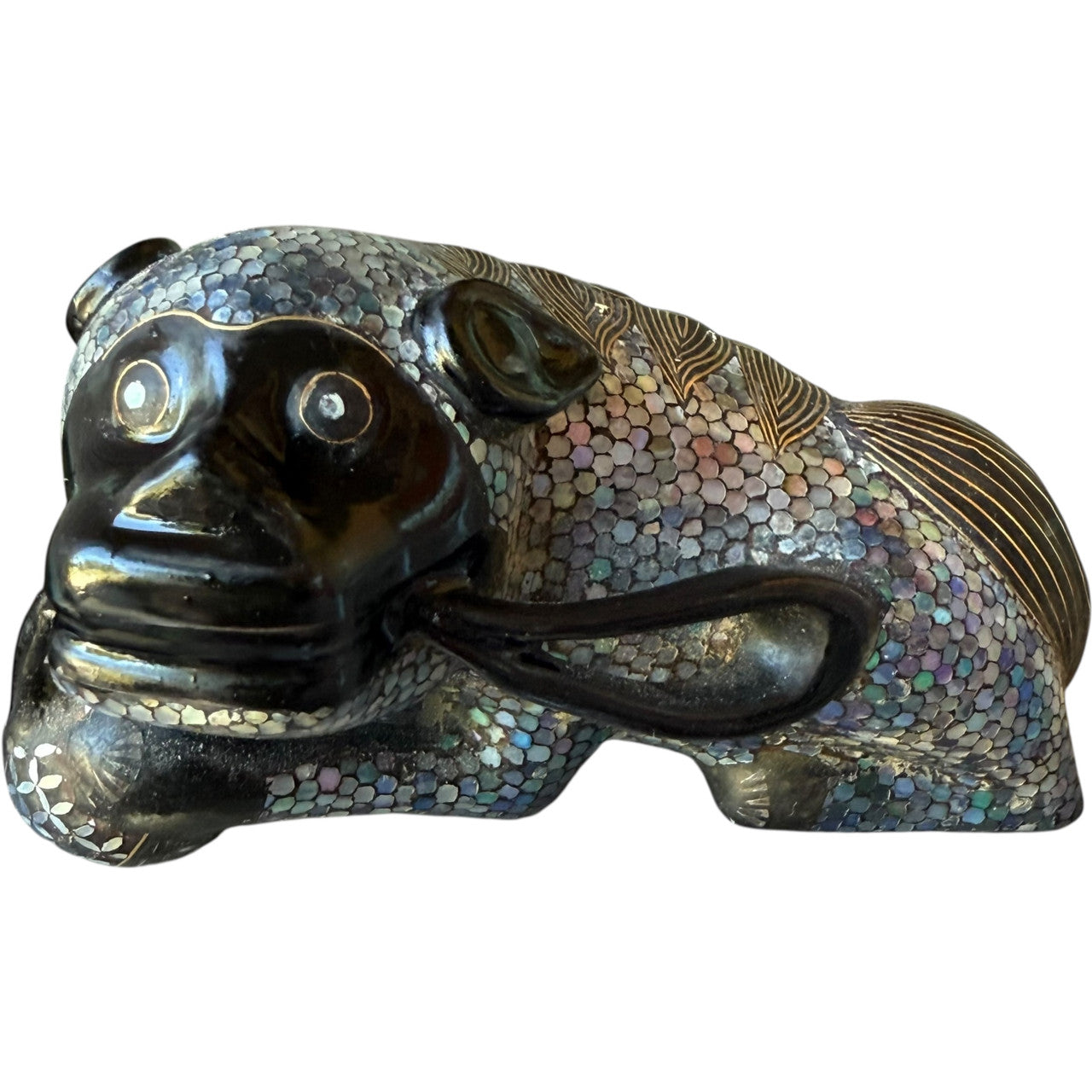 Vintage Figurine Mother of Pearl Abalone Inlay Black Lacquer Shi Lion  Mid Century Decorative Art