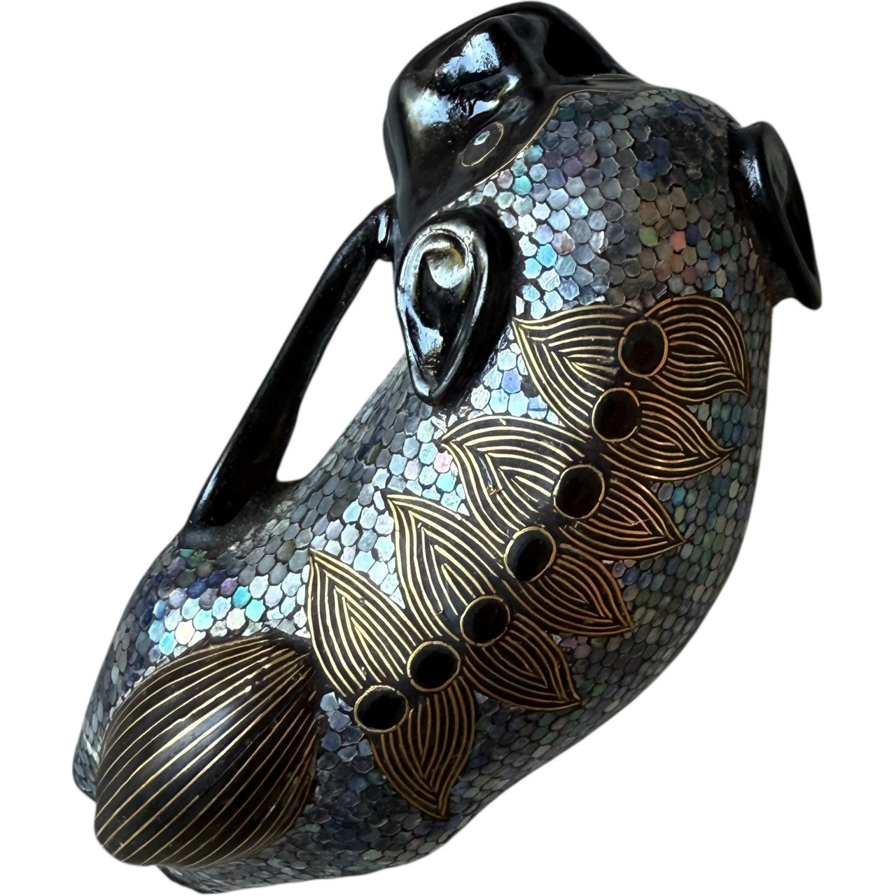 Vintage Figurine Mother of Pearl Abalone Inlay Black Lacquer Shi Lion  Mid Century Decorative Art