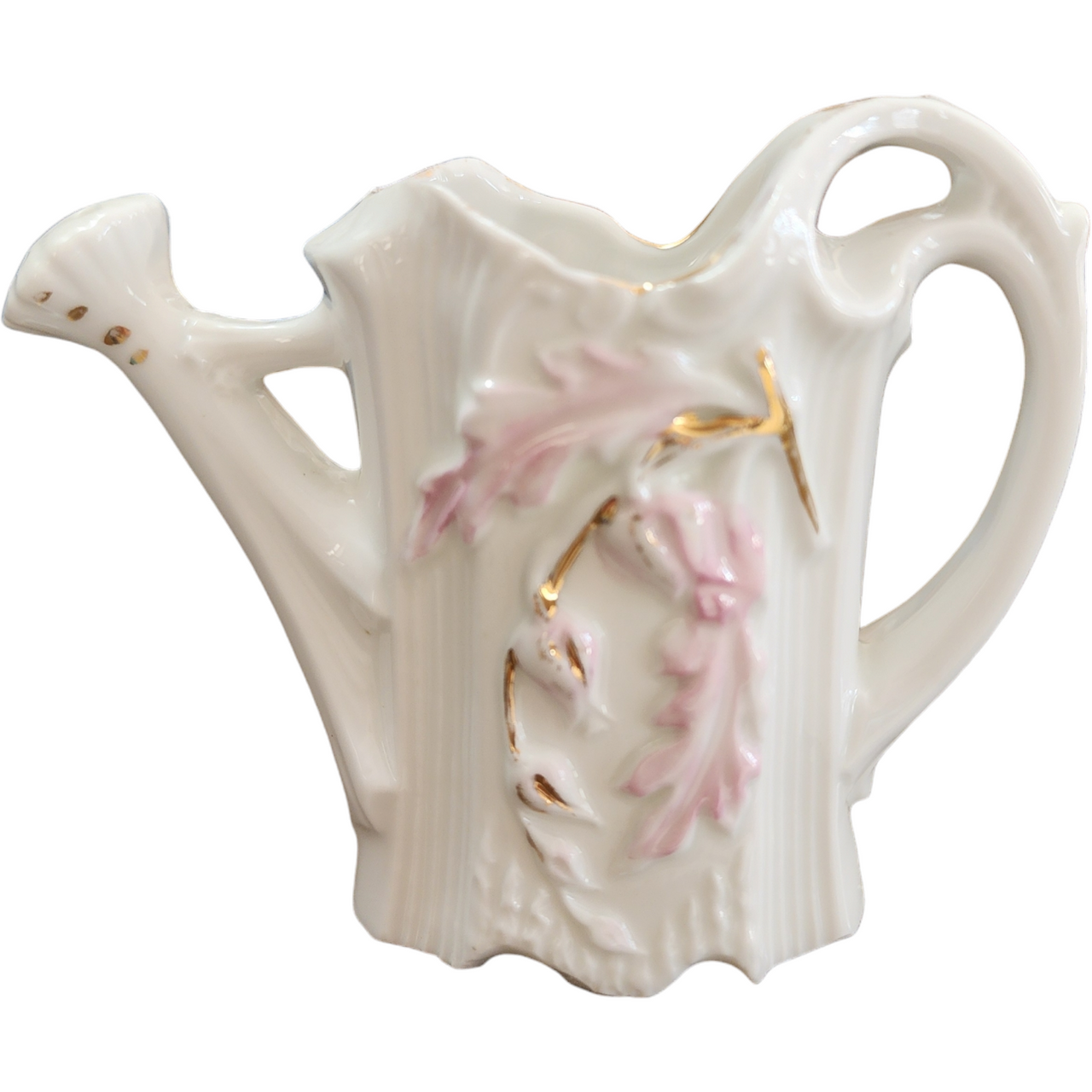 Vintage Bavarian Porcelain Miniature Watering Can Vase with Pink and Gold Floral Design