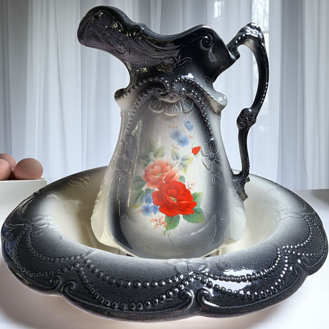 Vintage Black & White Wash Basin & Pitcher Set Embossed Floral Scrolls, Hand-Painted Red Roses Japan Mid-Century Farmhouse Decor