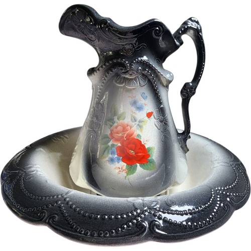 Vintage Black & White Wash Basin & Pitcher Set Embossed Floral Scrolls, Hand-Painted Red Roses Japan Mid-Century Farmhouse Decor