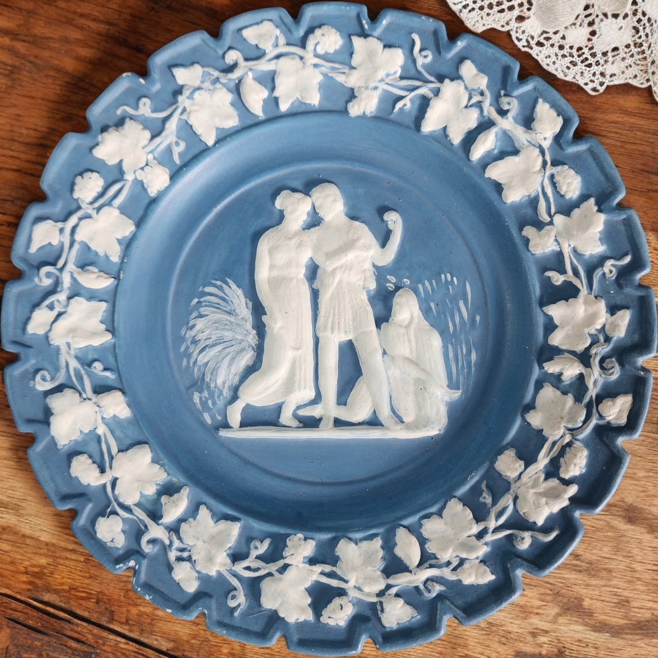 Vintage Blue Jasperware Style Relief Wall Plate Classical Grecian Figures & Grapevine Border Circa 1960s Decorative Display