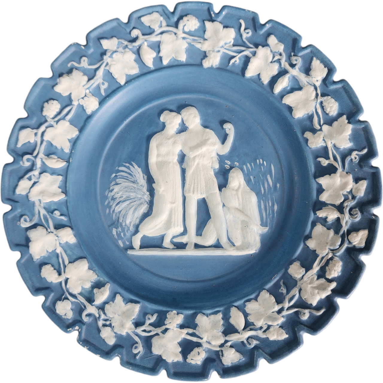 Vintage Blue Jasperware Style Relief Wall Plate Classical Grecian Figures & Grapevine Border Circa 1960s Decorative Display