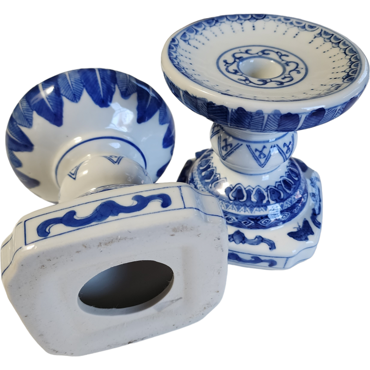 Vintage Porcelain Blue & White Candlestick Holders Set of Two