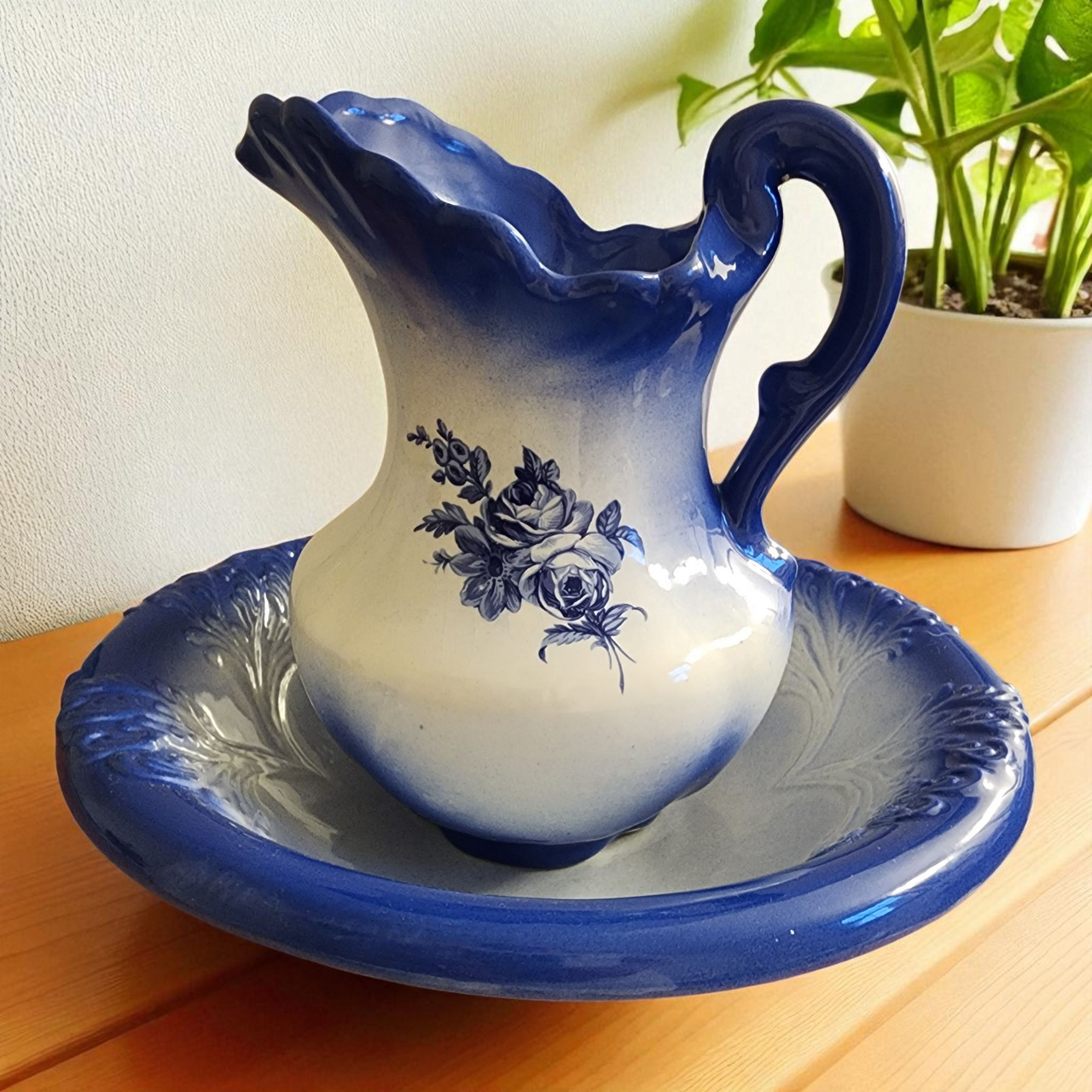 Vintage Blue & White Ceramic Pitcher and Wash Basin Bowl Set Cobalt Blue Gradient with Floral Design