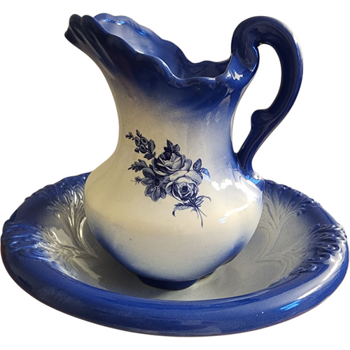 Vintage Blue & White Ceramic Pitcher and Wash Basin Bowl Set Cobalt Blue Gradient with Floral Design