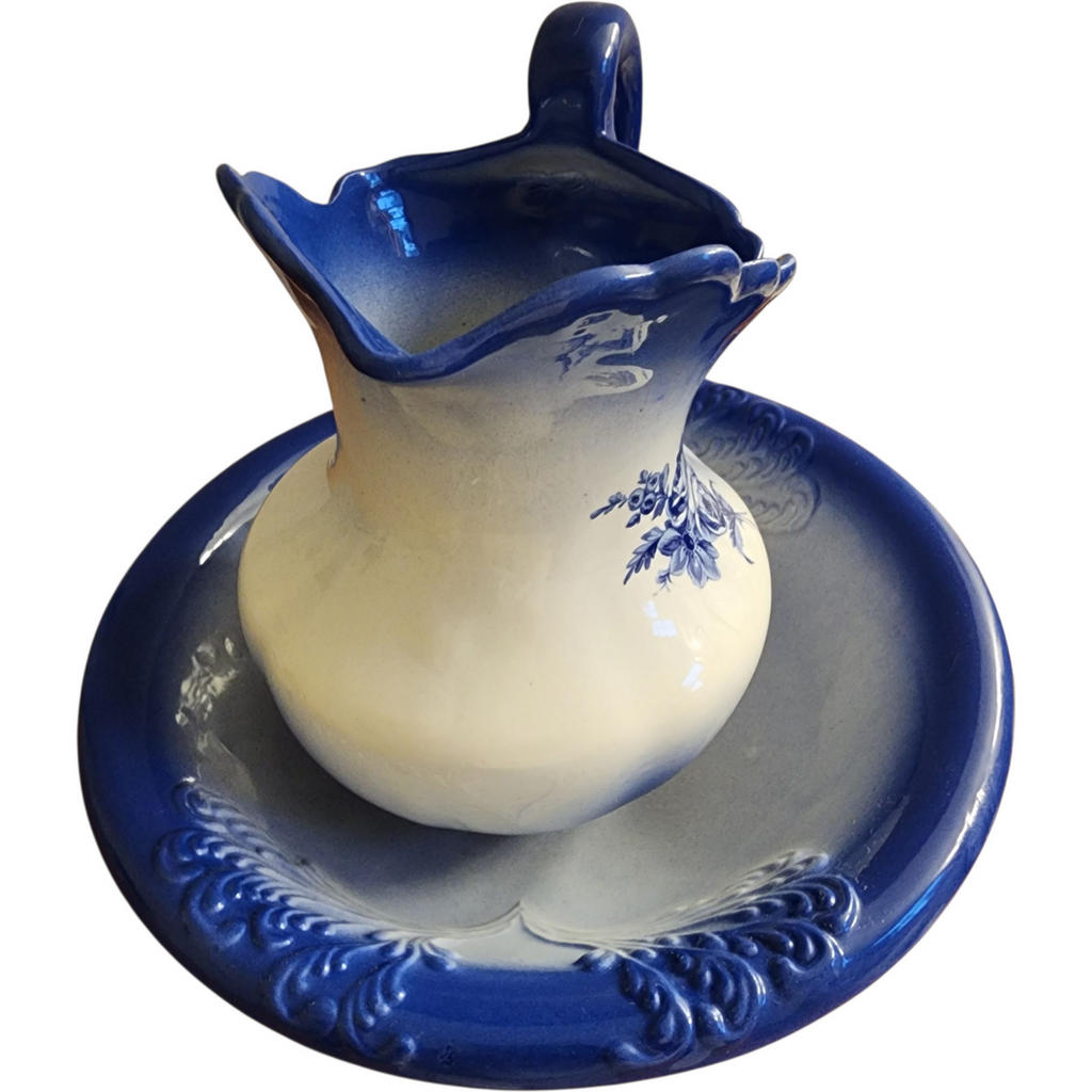 Vintage Blue & White Ceramic Pitcher and Wash Basin Bowl Set Cobalt Blue Gradient with Floral Design