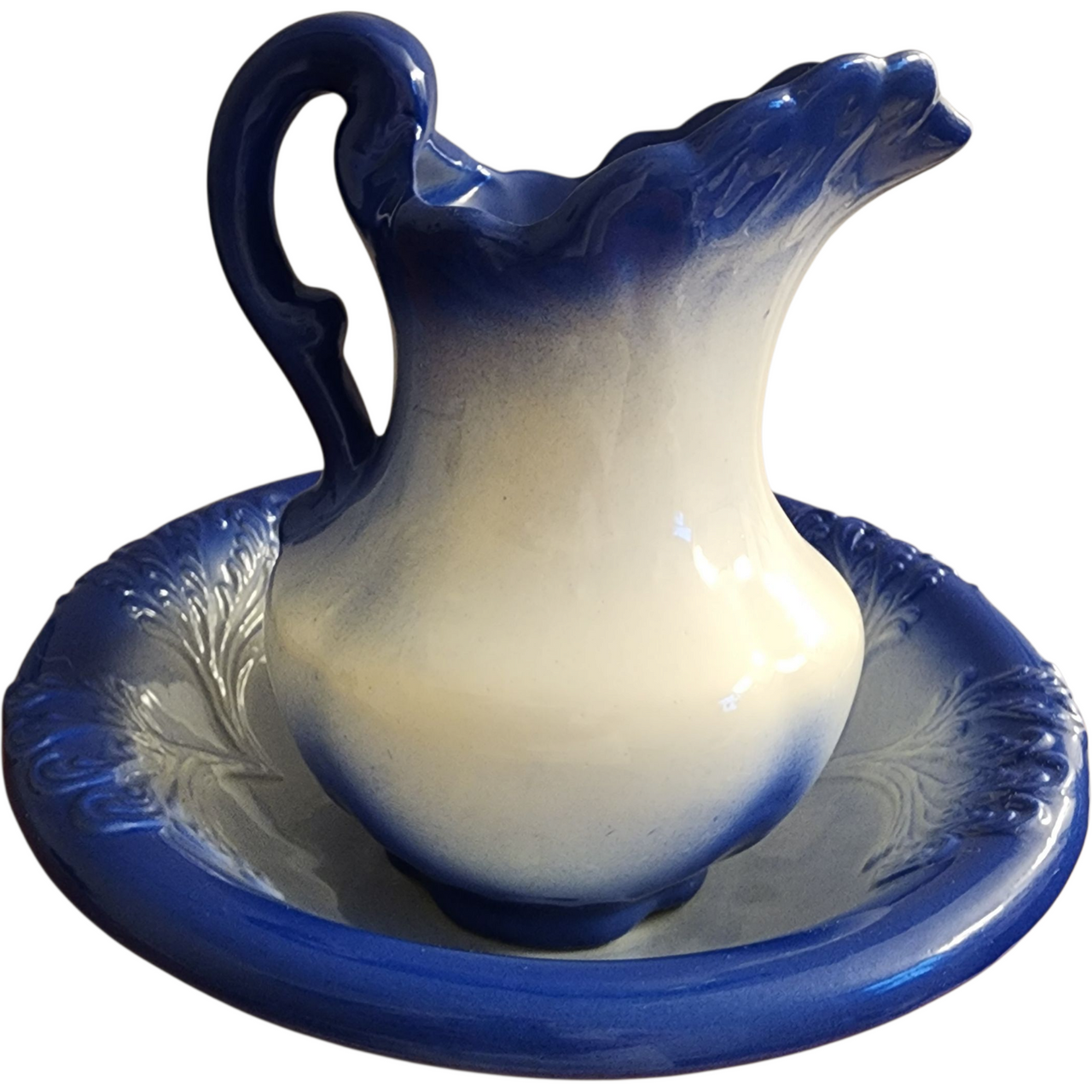 Vintage Blue & White Ceramic Pitcher and Wash Basin Bowl Set Cobalt Blue Gradient with Floral Design