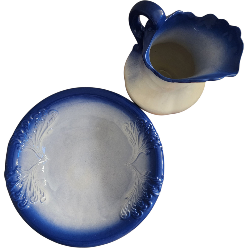 Vintage Blue & White Ceramic Pitcher and Wash Basin Bowl Set Cobalt Blue Gradient with Floral Design