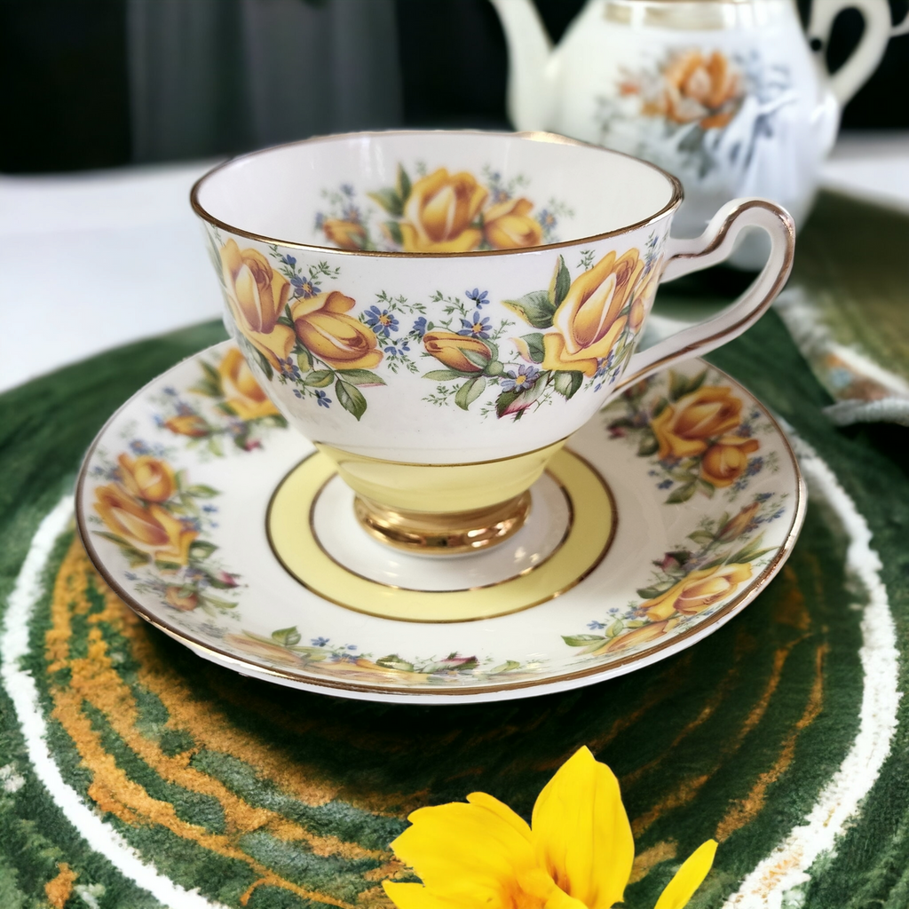 Vintage Bone China Yellow Rose Cup and Saucer Set England