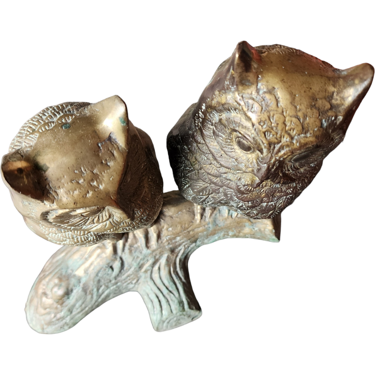 Vintage Brass Owl Figurine Two Owls on Branch Mid Century Solid Brass Sculpture Rustic Patina c.1950s–1970s