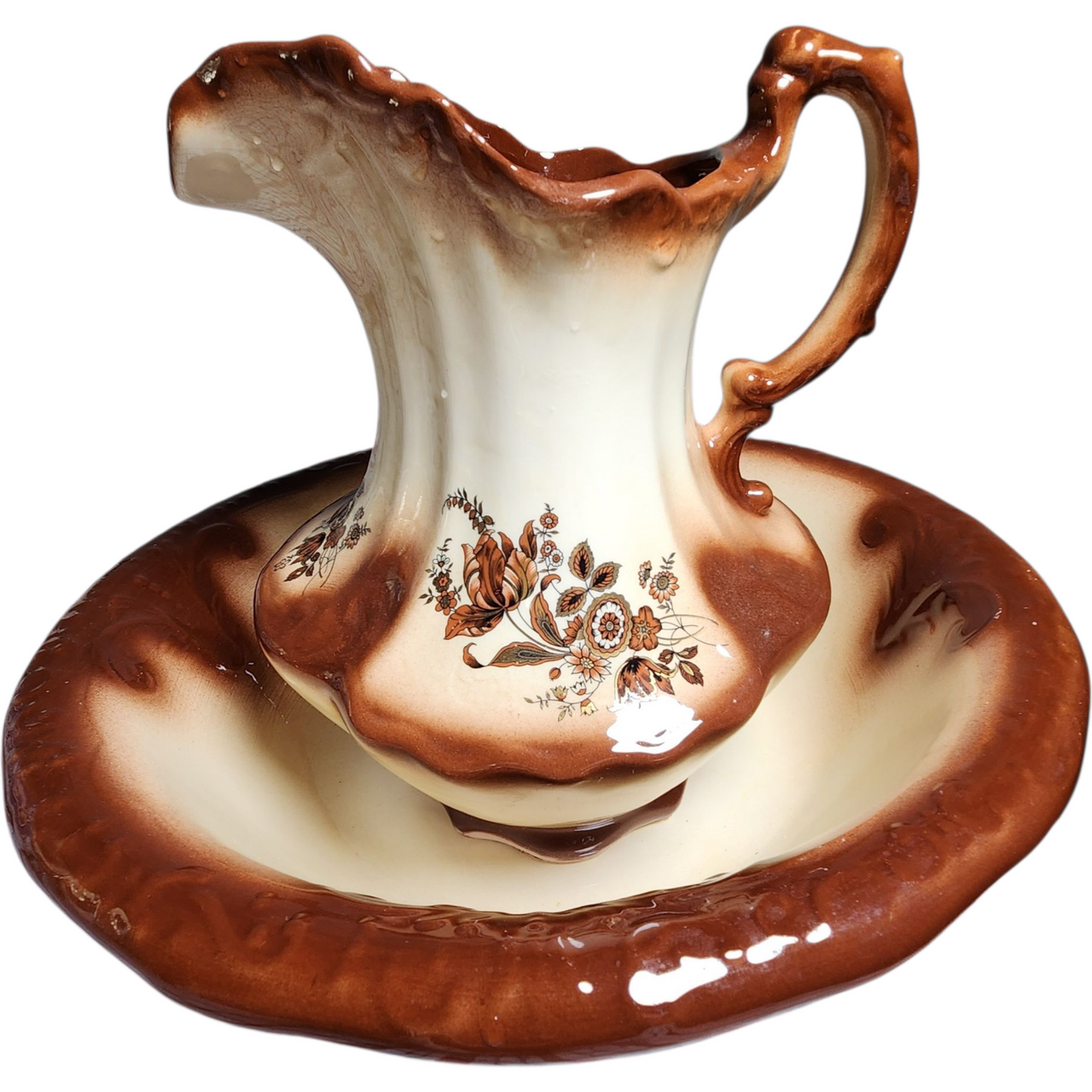 Vintage Brown & Cream Ceramic Pitcher and Wash Basin Bowl Set Floral Transferware Farmhouse Country Decor