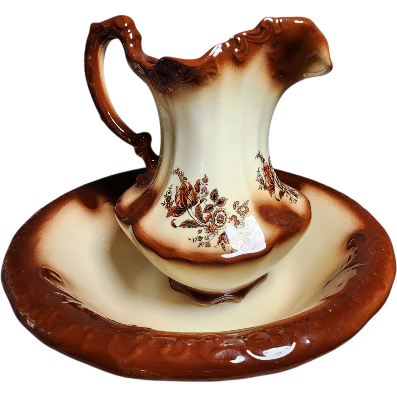 Vintage Brown & Cream Ceramic Pitcher and Wash Basin Bowl Set Floral Transferware Farmhouse Country Decor