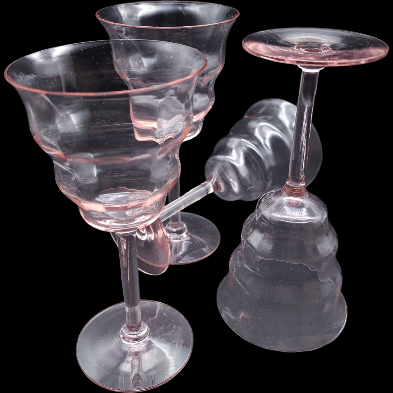 Vintage Central Glass Works Pink Depression Glass Optic Ripple Stemware Set of 4 Goblets
