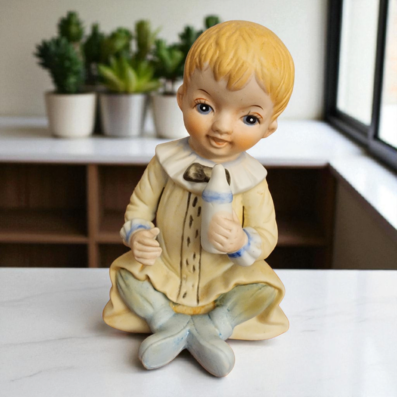Vintage Ceramic Boy Figurine with Baby Bottle Hand-Painted Porcelain Collectible