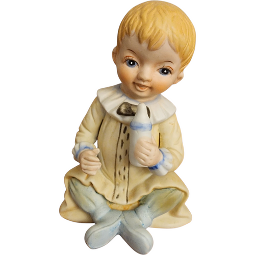 Vintage Ceramic Boy Figurine with Baby Bottle Hand-Painted Porcelain Collectible